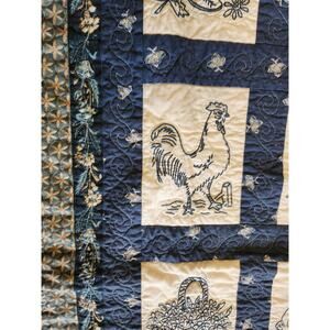 Handmade Embroidered Lap Quilt 50”x36 Rooster Cat Bunny Strawberries Cottagecore